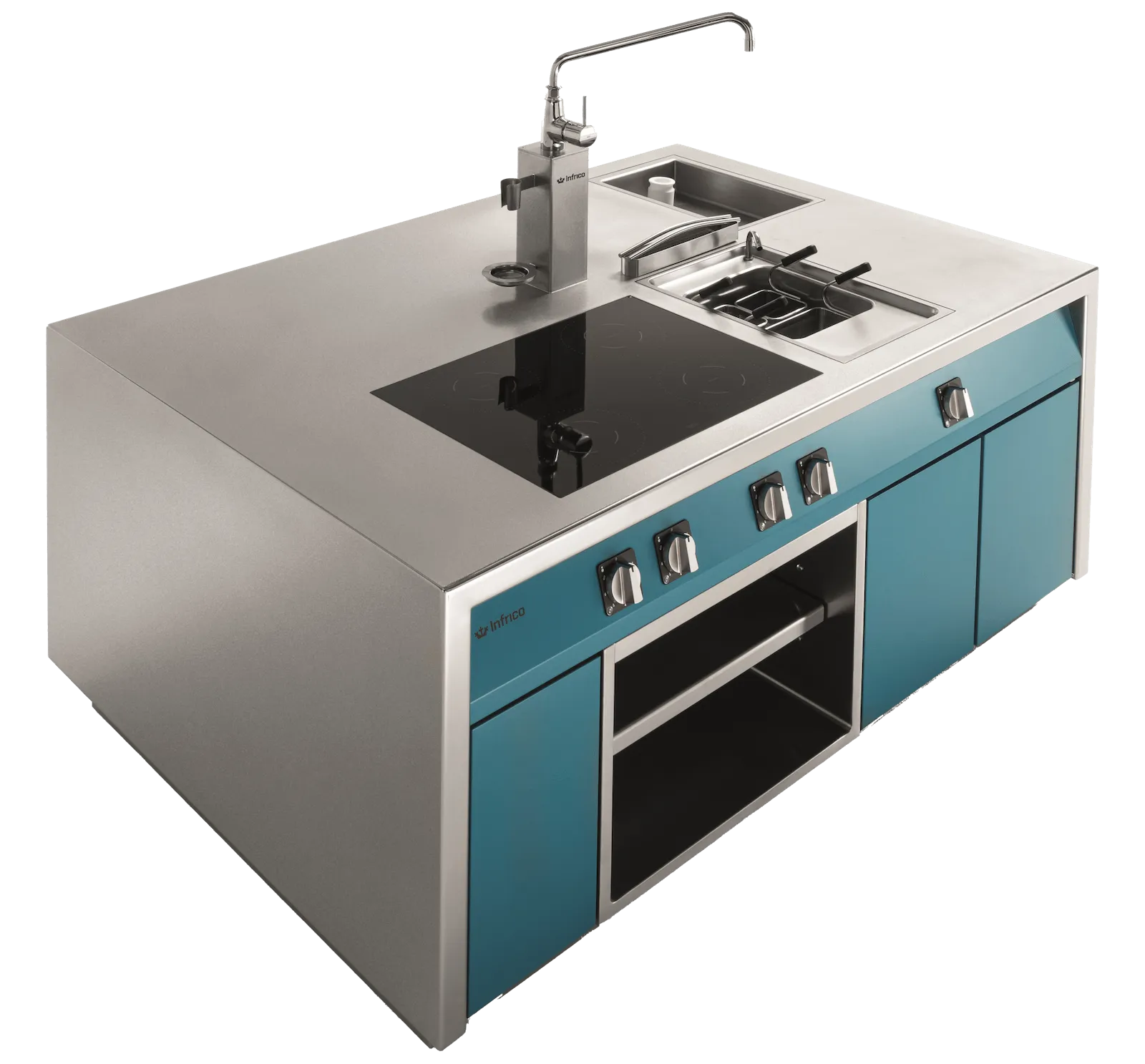 Detalle superior de una cocina Core con placa de inducción, cubetas y grifo