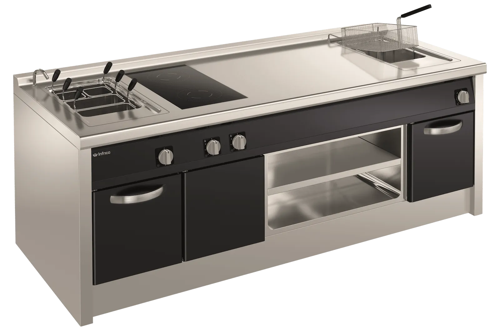 Cocina modular Dómino en acero inoxidable con módulos de cocción integrados